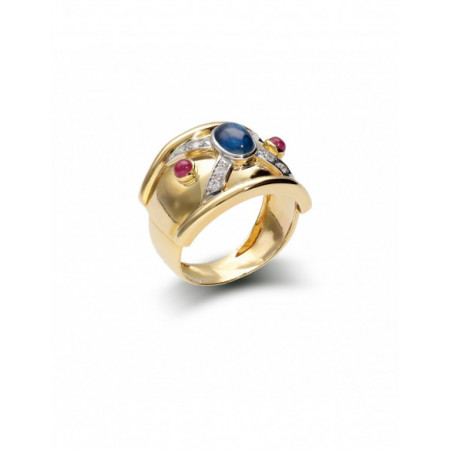 Anillo Oro Amarillo Zafiro, Rubíes Y Diamantes. Género: Mujer. Material: Oro amarillo. Piedras: Diamantes,Rubies,Zafiros