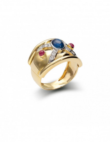 Anillo Oro Amarillo Zafiro, Rubíes Y Diamantes