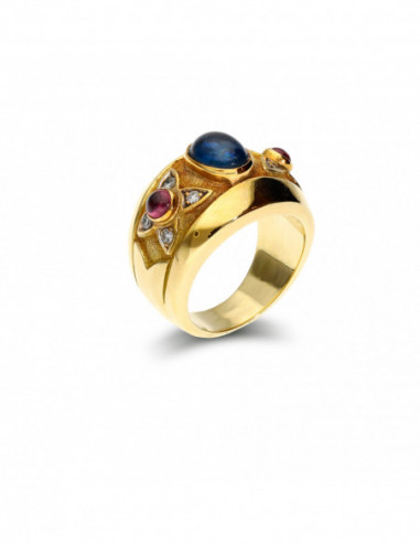 Anillo Oro Amarillo Zafiro, Rubíes y Diamantes