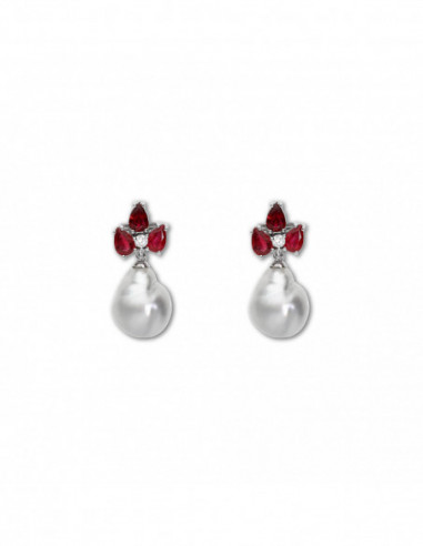 Pendientes Oro Blanco Con Rubíes, Diamante Y Perla
