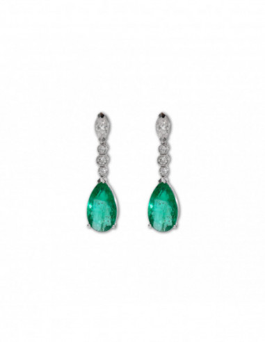 Pendiente Oro Blanco, Diamantes Y Esmeraldas