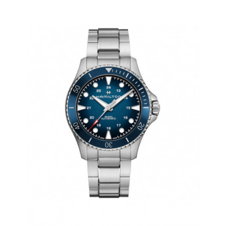 Reloj Hamilton Khaky Navy Scuba H82505140. Género: Hombre. Material: Acero. Tamaño: De 43mm a 46mm. Correa: Acero. Color esfera: Azul. Estilo: Deportivo. Movimiento: Automático. Características técnicas: Hora y segundero