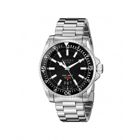 Reloj Gucci Dive LG YA136301. Género: Hombre. Material: Acero. Tamaño: De 43mm a 46mm. Correa: Acero. Color esfera: Negro. Estilo: Deportivo. Movimiento: Cuarzo. Características técnicas: Hora y segundero,Calendario
