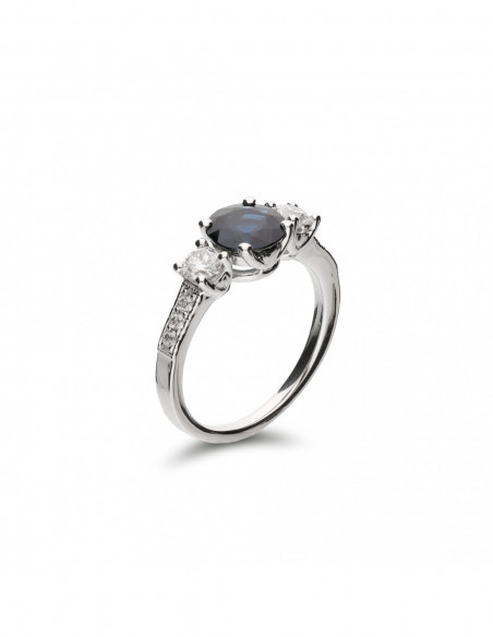 Anillo Oro Blanco, Diamantes Y Zafiro