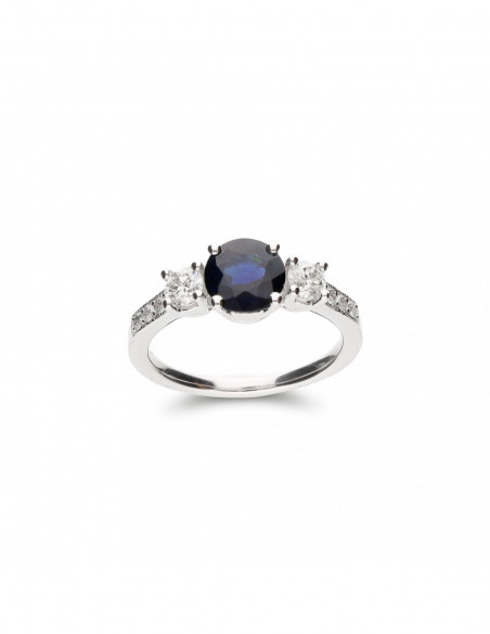 Anillo Oro Blanco, Diamantes Y Zafiro