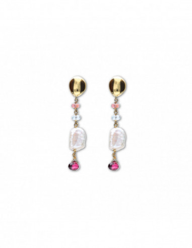 Pendientes Oro Amarillo Con Rubí, Topacio Y Perla