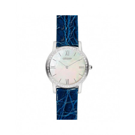Reloj Citizen Eco Drive Diamantes EG3200-04DC. Género: Mujer. Material: Acero. Tamaño: Menos de 32mm. Correa: Piel. Color esfera: Nácar. Estilo: Cocktail,Clásico. Movimiento: Eco Drive,Solar. Características técnicas: Solo hora