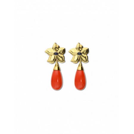 Pendientes Oro Amarillo, Zafiro Y Coral. Género: Mujer. Material: Oro amarillo. Piedras: Coral