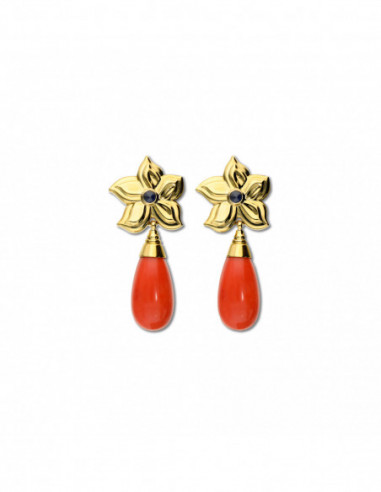 Pendientes Oro Amarillo, Zafiro Y Coral
