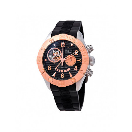 Reloj Zenith Deffy Classic El Primero 86.0526.4021/21.R642. Género: Hombre. Material: Acero,Acero/Oro. Tamaño: De 43mm a 46mm. Correa: Caucho. Color esfera: Negro. Estilo: Deportivo,Cocktail. Movimiento: Automático. Características técnicas: Hora y segundero,Cronógrafo,Reserva de marcha