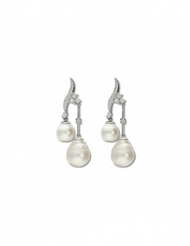 Pendientes Oro Blanco, Diamantes Y Perlas