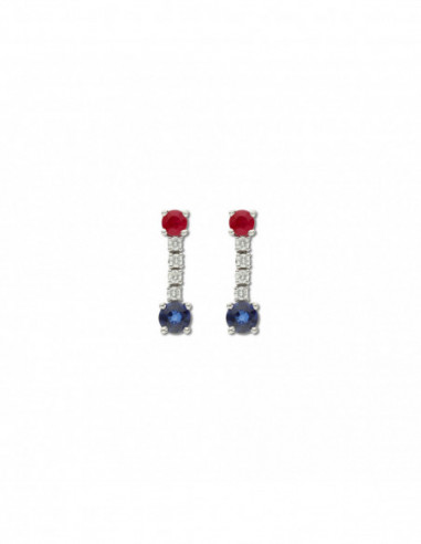 Pendientes Oro Blanco, Rubí, Diamantes Y Zafiro