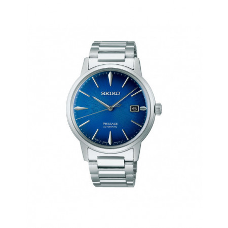 Reloj Seiko Presage Cocktail Autom 4R35 The Aviation SRPJ13J1. Género: Hombre. Material: Acero. Tamaño: De 39mm a 42mm. Correa: Acero. Color esfera: Azul. Estilo: Clásico,Cocktail. Movimiento: Automático. Características técnicas: Hora y segundero,Calendario