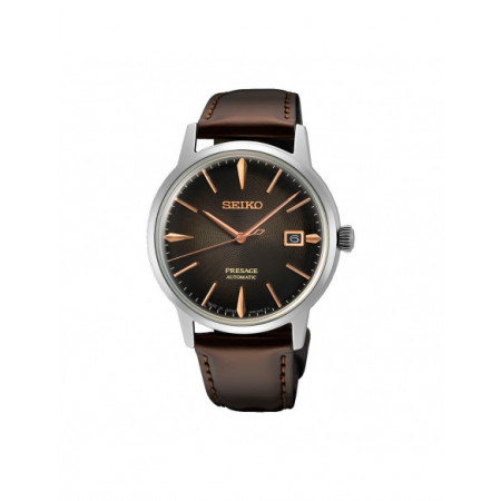 Reloj Seiko Presage Cocktail Autom 4R Café Irlandés SRPJ17J1. Género: Hombre. Material: Acero. Tamaño: De 39mm a 42mm. Correa: Piel. Color esfera: Marrón. Estilo: Clásico,Cocktail. Movimiento: Automático. Características técnicas: Calendario,Hora y segundero