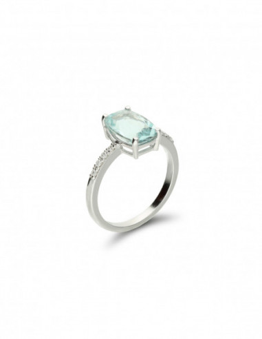 Anillo Oro Blanco, Aguamarina Y Diamantes