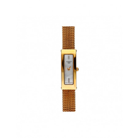 Reloj Tissot Bellflower T73.3.329.76. Género: Mujer. Material: Oro. Tamaño: Menos de 32mm. Correa: Oro. Color esfera: Nácar. Estilo: Clásico,Cocktail. Movimiento: Cuarzo. Características técnicas: Solo hora