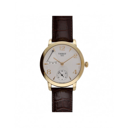 Reloj Tissot Sculpture T71.3.459.34. Género: Hombre. Material: Oro. Tamaño: De 39mm a 42mm. Correa: Piel. Color esfera: Blanco. Estilo: Clásico,Cocktail. Movimiento: Cuerda. Características técnicas: Solo hora,Hora y segundero,Reserva de marcha