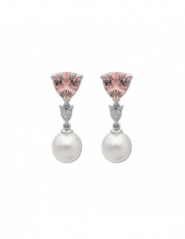 Pendientes Oro Blanco Con Diamantes, Morganita Y Perlas