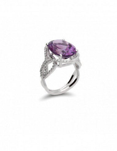 Anillo Oro Blanco, Amatista Y Diamantes