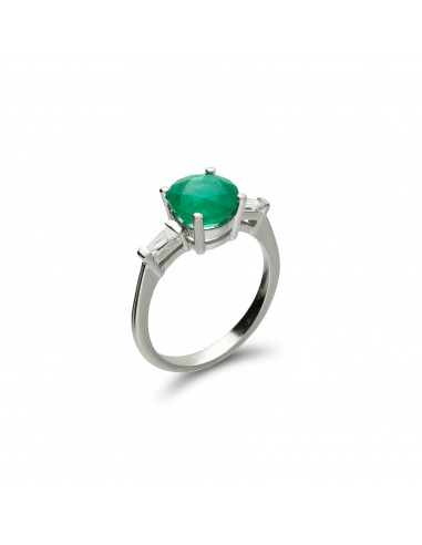 Anillo Oro Blanco, Esmeralda Y Diamantes