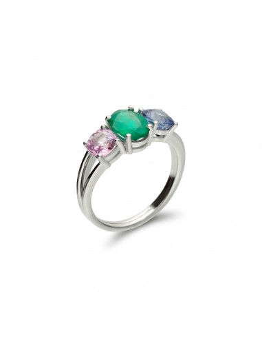 Anillo Oro Blanco, Esmeralda Y Zafiros De Color