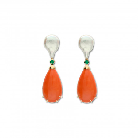 Pendientes Oro Amarillo, Perla, Esmeralda Y Coral. Género: Mujer. Material: Oro amarillo. Piedras: Esmeraldas,Perlas,Coral