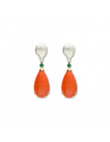 Pendientes Oro Amarillo, Perla, Esmeralda Y Coral