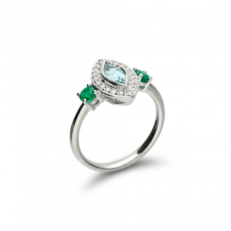 Anillo Oro Blanco, Aguamarina, Esmeralda Y Diamantes. Género: Mujer. Material: Oro blanco. Piedras: Diamantes,Esmeraldas,Aguamarinas