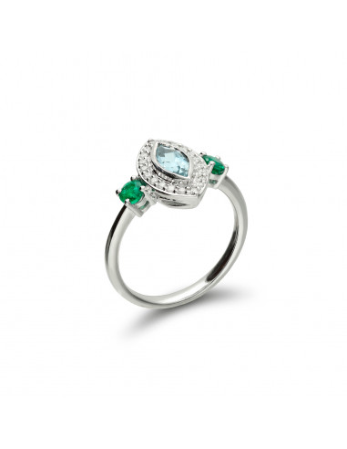 Anillo Oro Blanco, Aguamarina, Esmeralda Y Diamantes