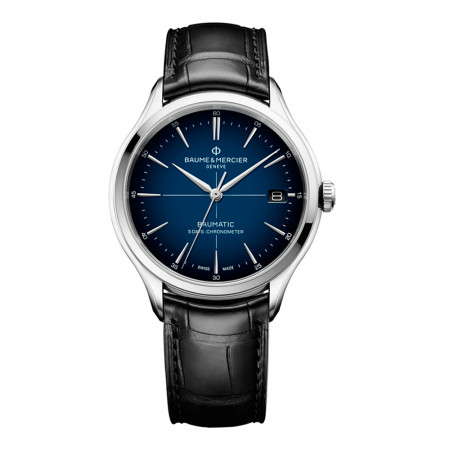 Reloj Baume Et Mercier Clifton M0A10467. Género: Hombre. Material: Acero. Tamaño: De 39mm a 42mm. Correa: Piel. Color esfera: Azul. Estilo: Casual. Movimiento: Automático. Características técnicas: Reserva de marcha,Hora y segundero,Calendario