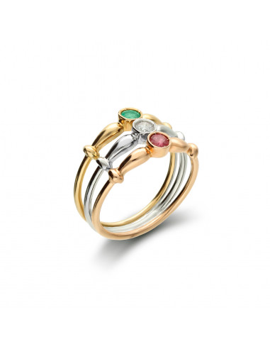 Anillo Oro Amarillo-Blanco Con Rubí, Diamante Y Esmeralda