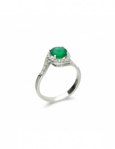 Anillo Oro Blanco, Esmeralda Y Diamantes