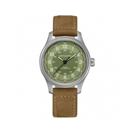 Reloj Hamilton Khaki Field Titanium Auto H70545560. Género: Hombre. Material: Titanio. Tamaño: De 39mm a 42mm. Correa: Piel. Color esfera: Verde. Estilo: Aviador. Movimiento: Automático. Características técnicas: Hora y segundero,Reserva de marcha