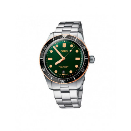 Reloj Oris Divers Sixty-Five 01 733 7707 4357-07 8 20 18. Género: Hombre. Material: Acero. Tamaño: De 39mm a 42mm. Correa: Acero. Color esfera: Verde. Estilo: Casual. Movimiento: Automático. Características técnicas: Hora y segundero,Calendario,Reserva de marcha