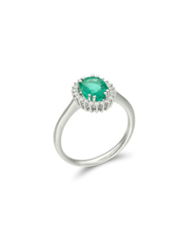 Anillo Oro Blanco, Esmeralda Y Diamantes